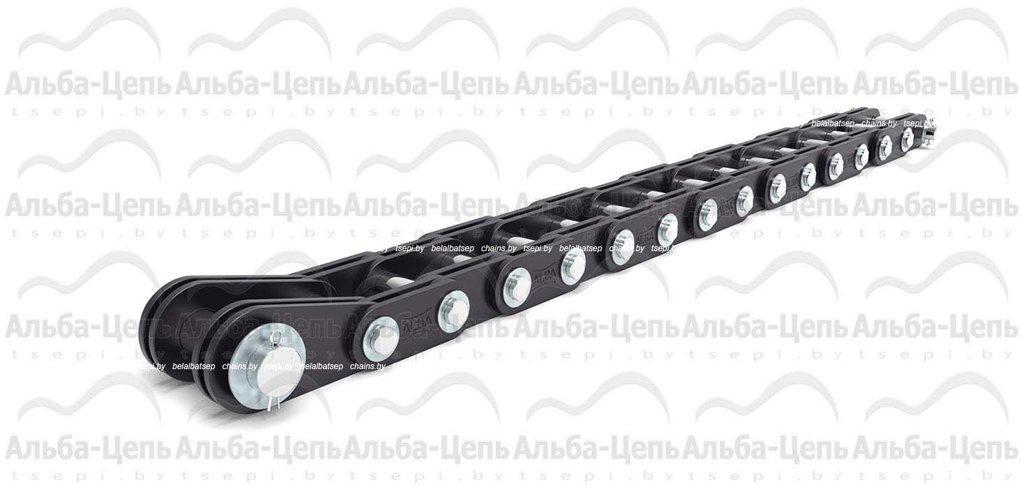 Цепь G-1250-3-110 с соединительным валиком на одном конце, концевыми пластинами и концевым валиком на другом конце отрезка цепи