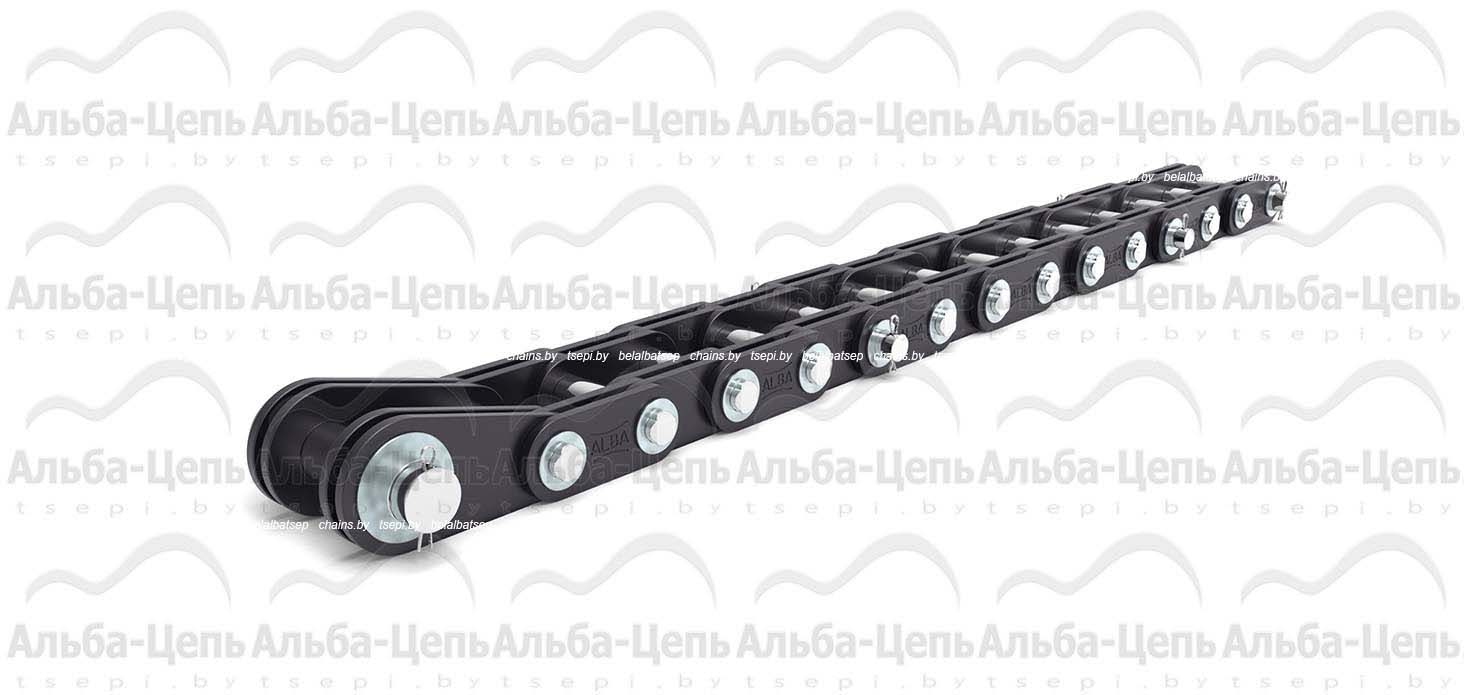 Цепь G-160-4-50 с соединительным валиком на одном конце, концевыми пластинами и концевым валиком на другом конце отрезка цепи и удлиненными валиками (тип 4)