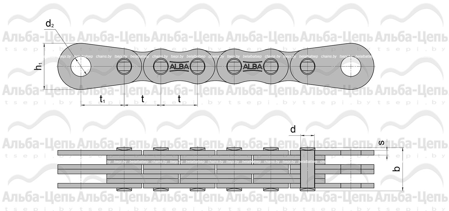 Цепь П-31,75-95-4-1 с закрытыми валиками с концевыми пластинами на обоих концах отрезка цепи