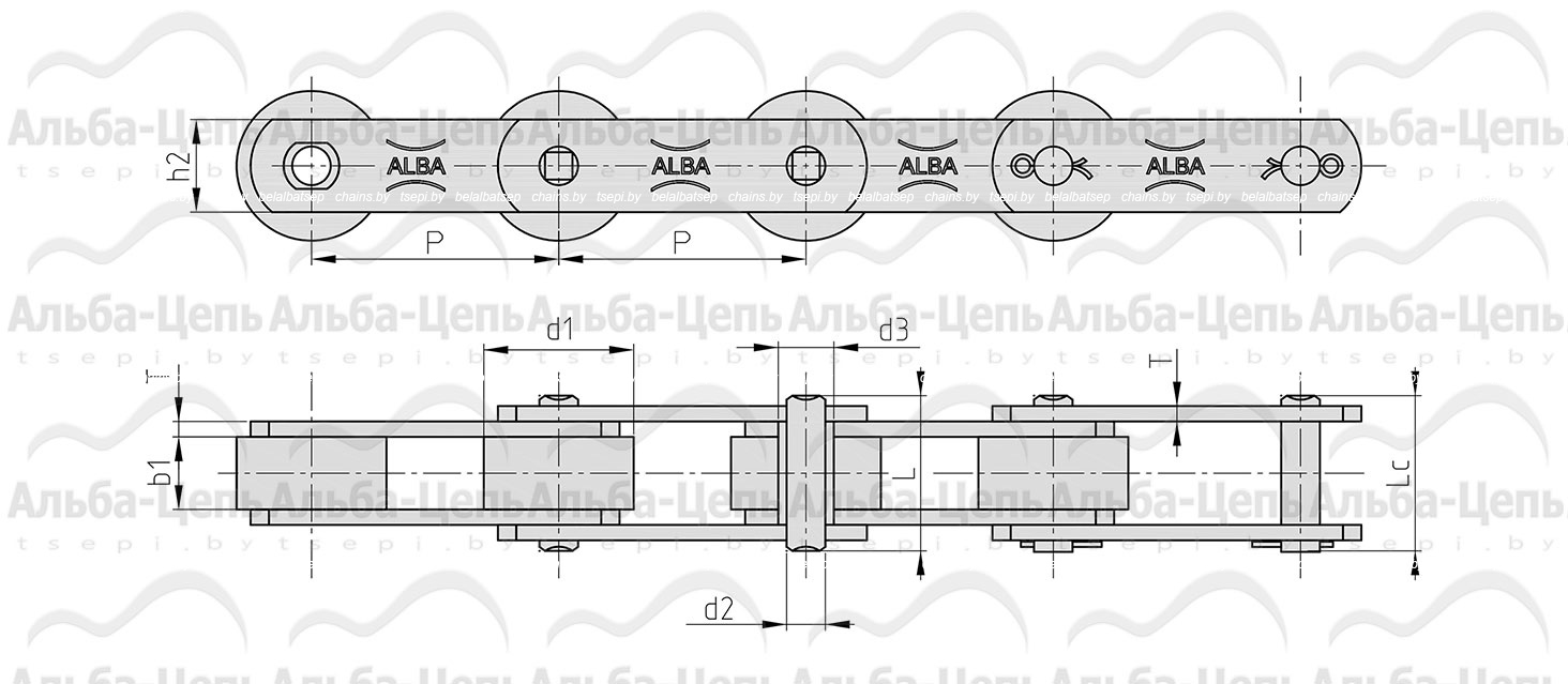 Цепь тяговая пластинчатая FV250, типа P (катковая), шаг цепи - 315 мм